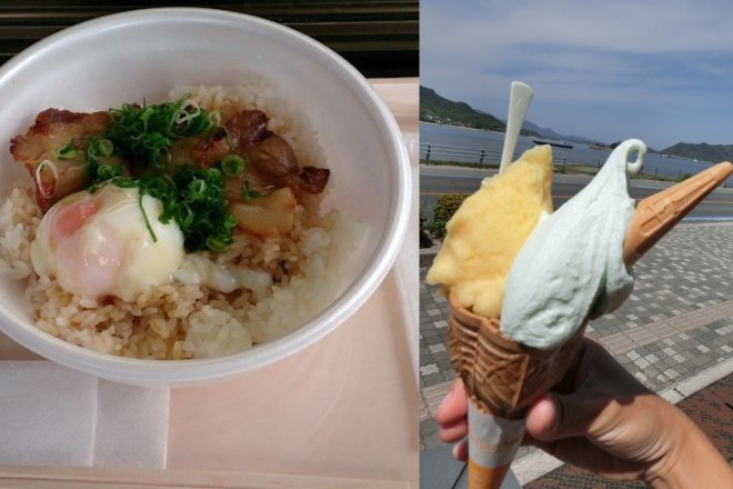 焼豚玉子飯（左）と伯方の塩ソフトクリーム（右）（写真提供：魏華萱）